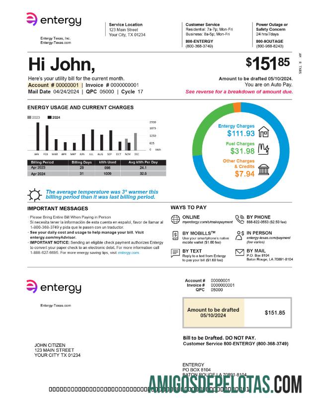 EUA Texas Entergy Utility Bill 2 páginas em formato PSD Página 1 amostra